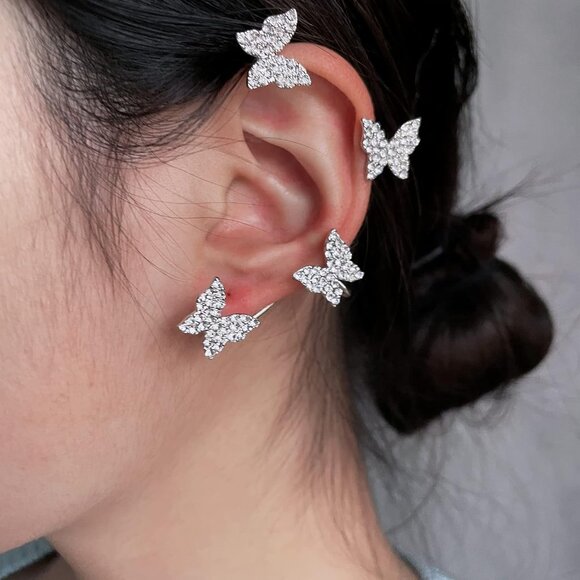 Butterfly Ear Cuffs Earrings Rhinestone Butterfly Ear Wrap No Piercing Ear Cuff - Picture 4 of 7